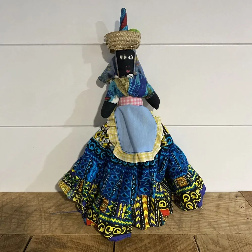 Vintage Handmade Jamaican Cloth Doll Jamaica Figure Hat Wicker Basket Folk Art